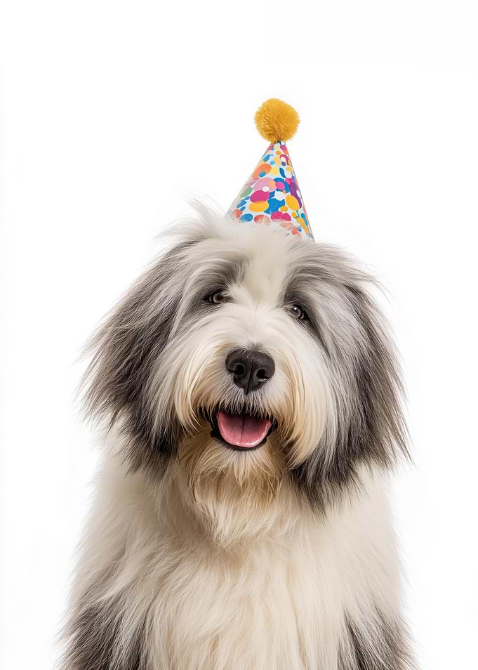 Polish Lowland Sheepdog with Party Hat