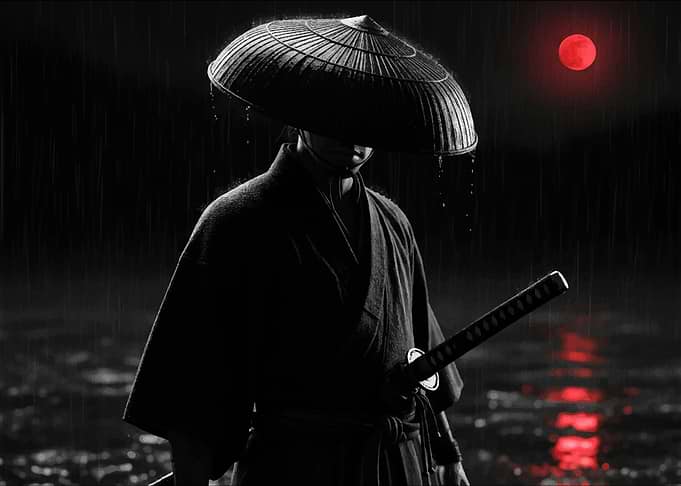 Samurai in Rain with Red Moon