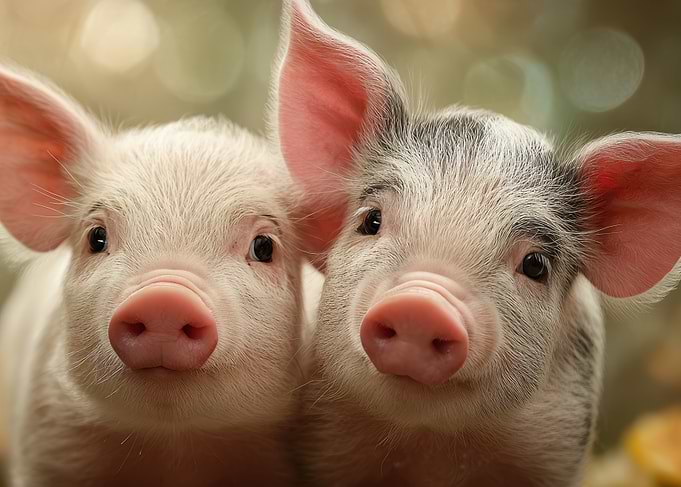 Two Cute Piglets Close-Up