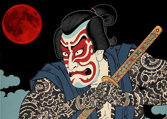 Kabuki Warrior with Katana and Red Moon