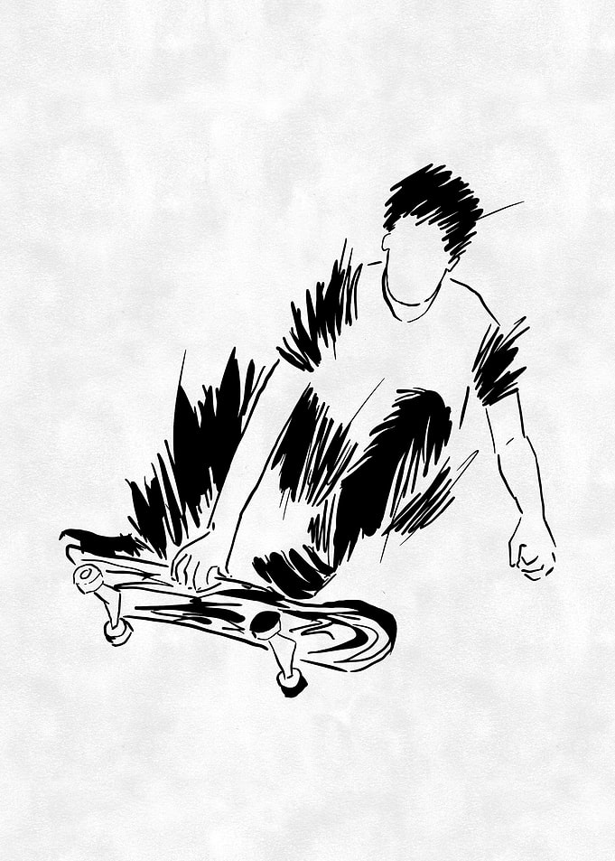 Skateboarder in Motion Black and White Sketch