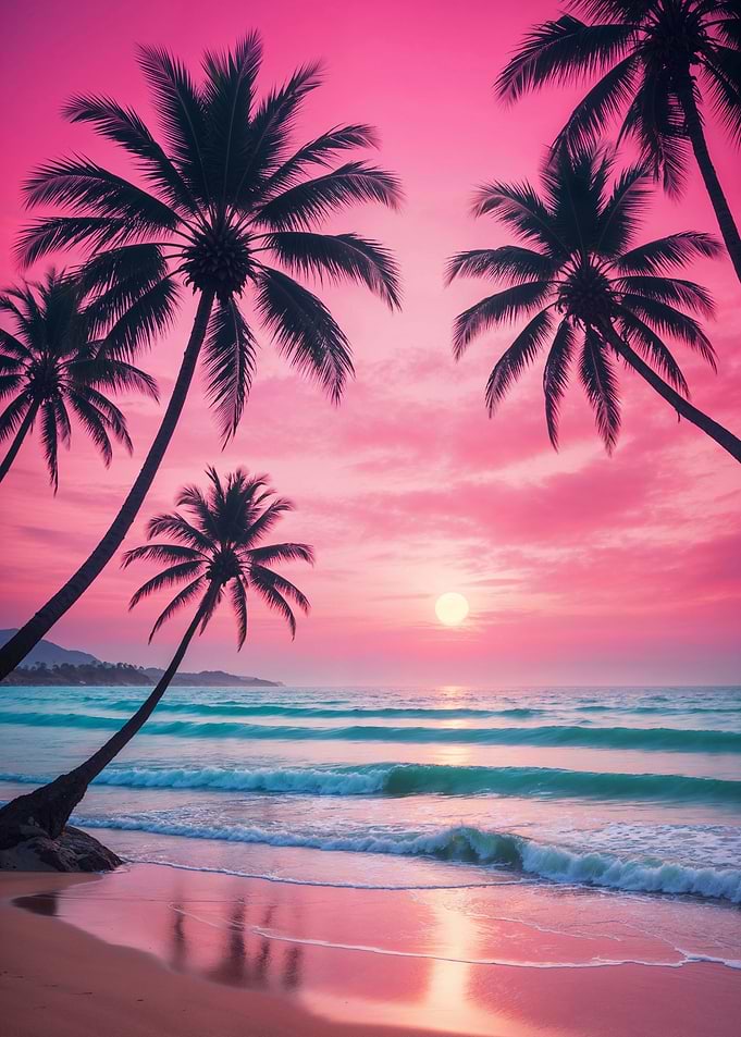 Pink Sunset Beach with Palm Trees