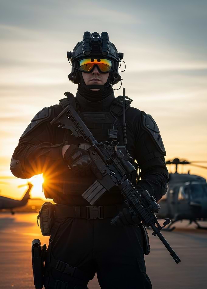 Soldier with rifle at sunset