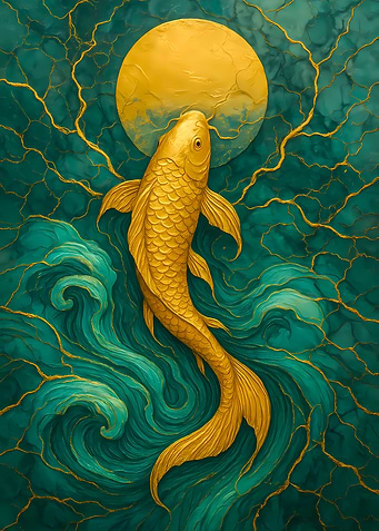 Golden Koi Fish and Moon Art