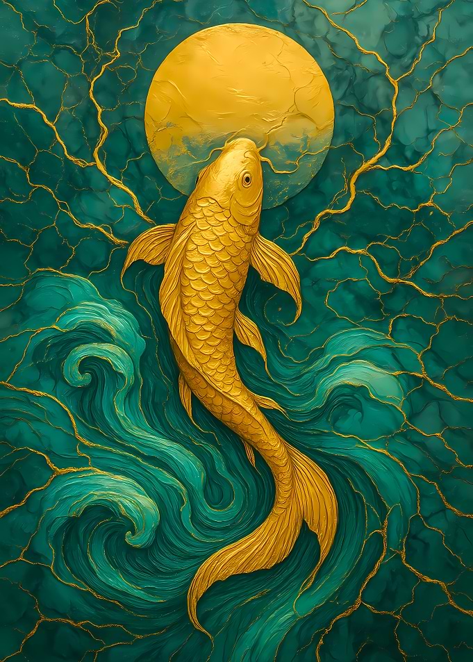 Golden Koi Fish and Moon Art