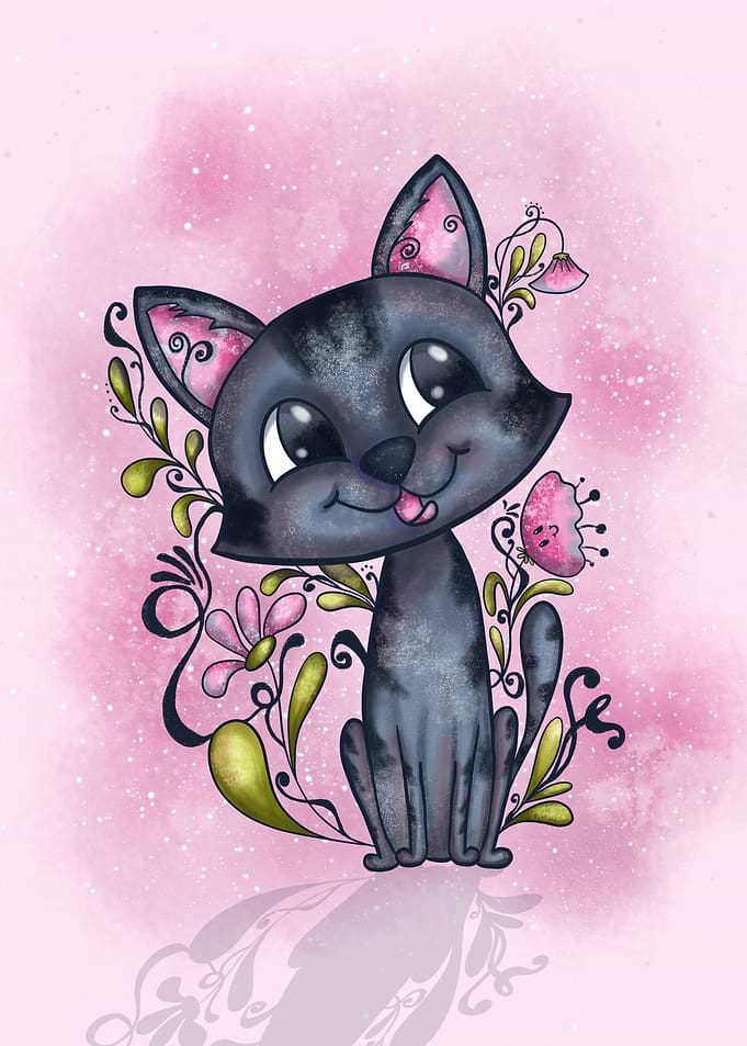 Cute Cartoon Cat with Floral Accents