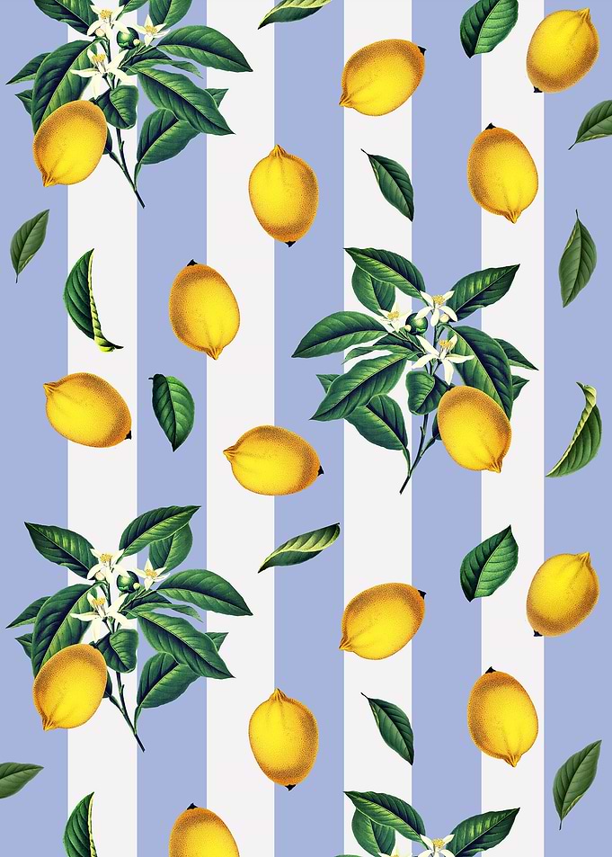 Lemon and Blossom Blue White Striped Pattern