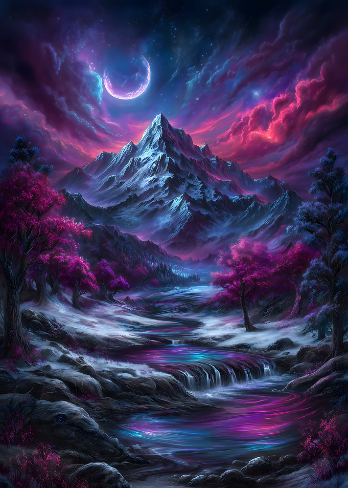 Fantasy Mountain Landscape with Moon