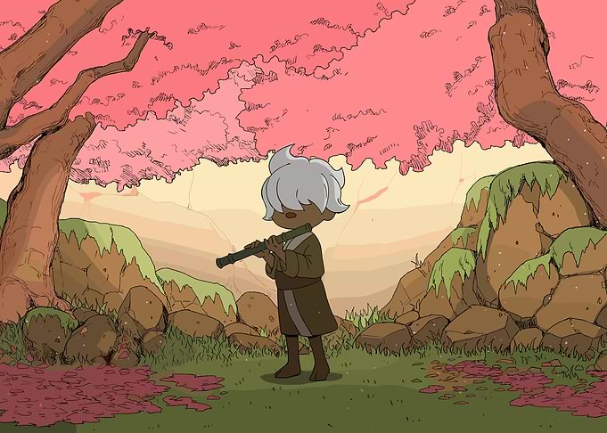 Flute Player in Cherry Blossom Forest