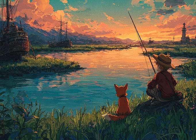 Boy and Fox Fishing at Sunset