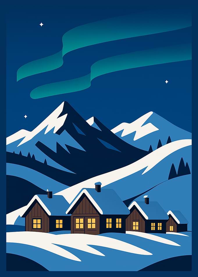 Snowy Aurora Village – Northern Lights Winter Landscape