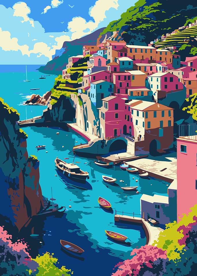 Colorful Coastal Village Illustration