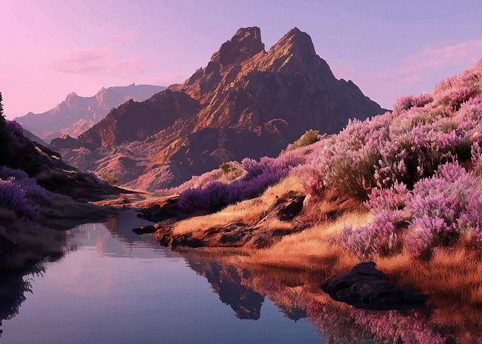 Mountain Lake Landscape with Pink Sky