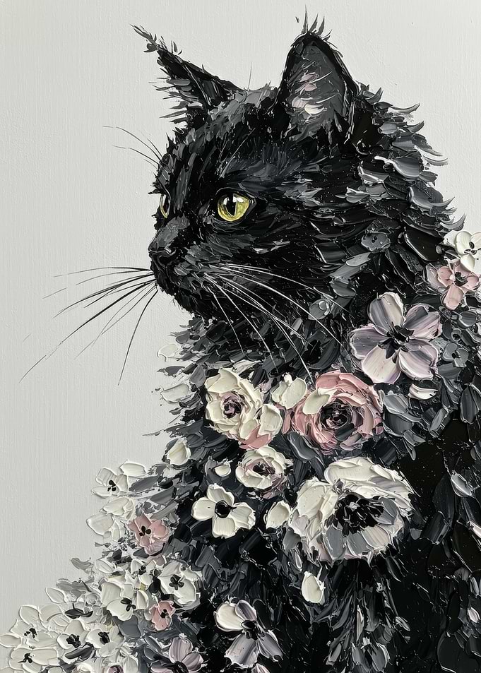 Black Cat with Flowers Painting