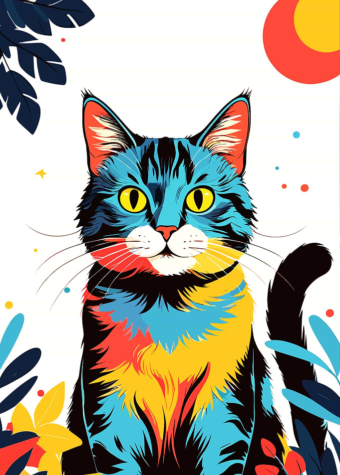 Colorful Cat Portrait with Floral Accents