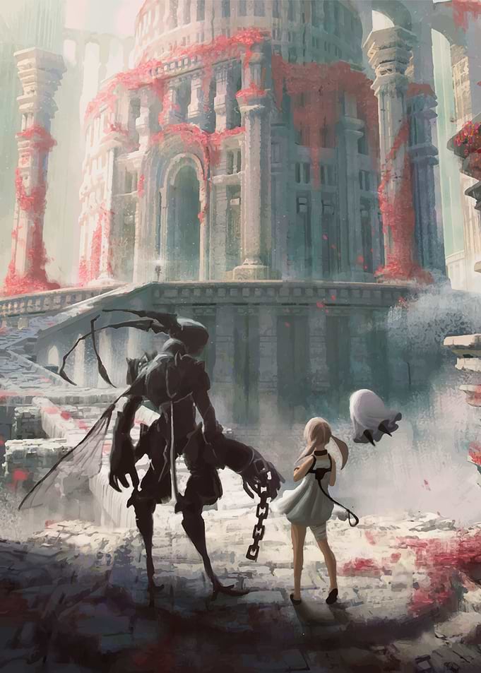 Fantasy Ruins with Girl and Creature