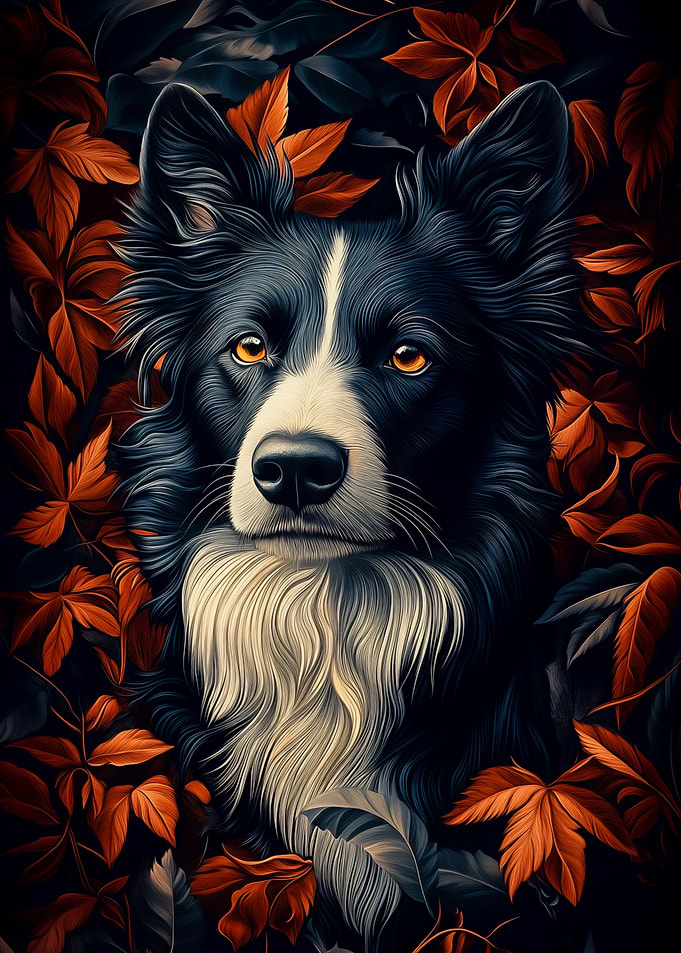 Border Collie Portrait with Autumn Leaves