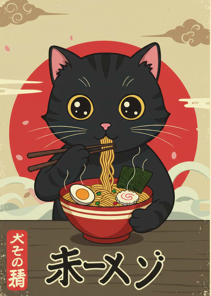 Cat eating ramen Japanese style art