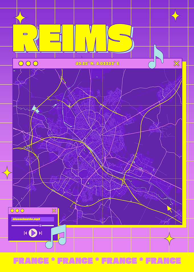 Reims France Map Retro Aesthetic