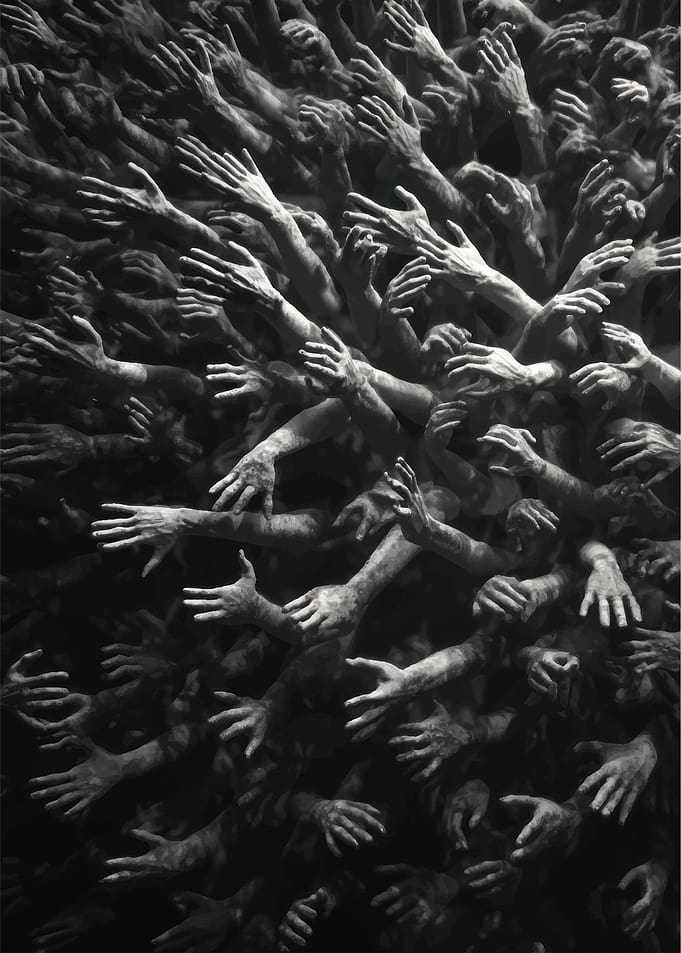 Reaching Hands in Black and White