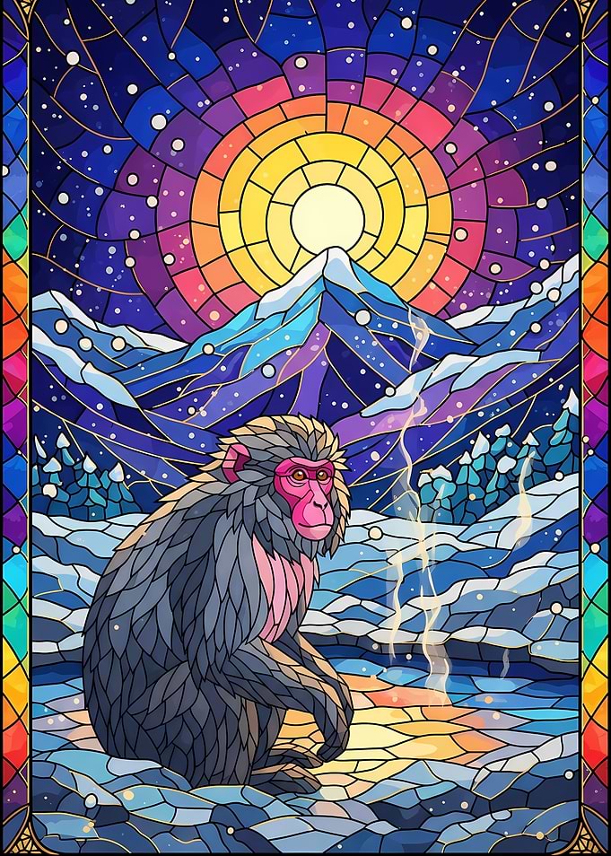 Japanese Macaque Stained Glass Art