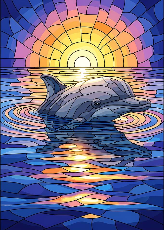 Dolphin in Stained Glass Sunset