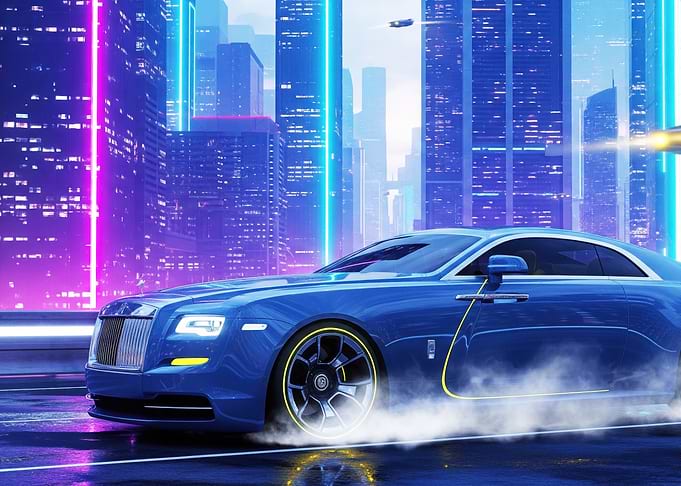 Blue Rolls Royce in Cityscape