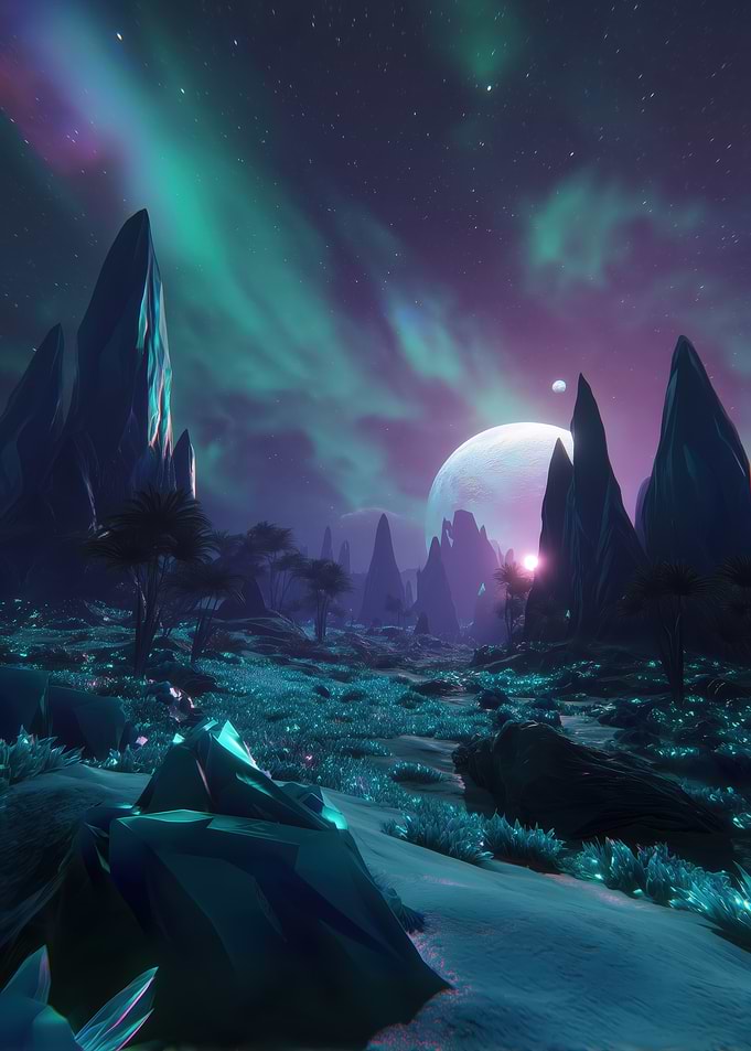 Alien Landscape with Aurora and Moon