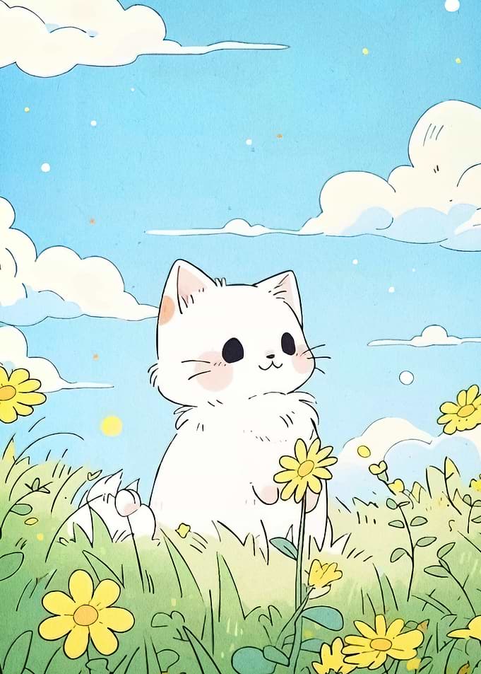 Cute Cat Flower Field