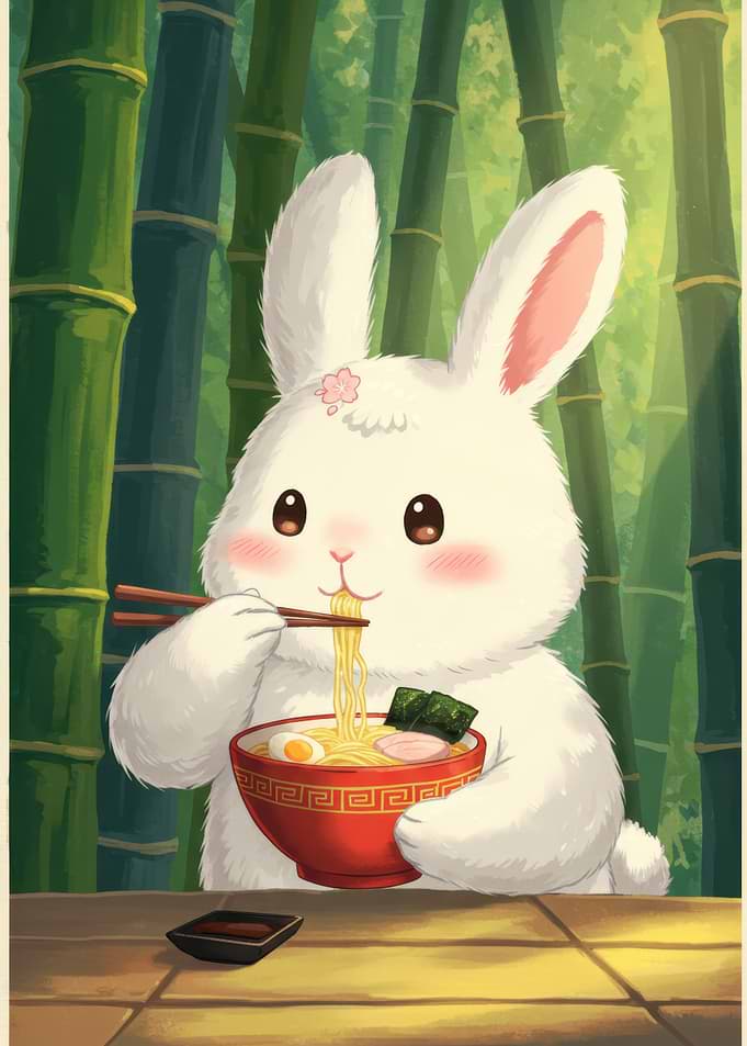 Cute Bunny Eating Ramen Illustration