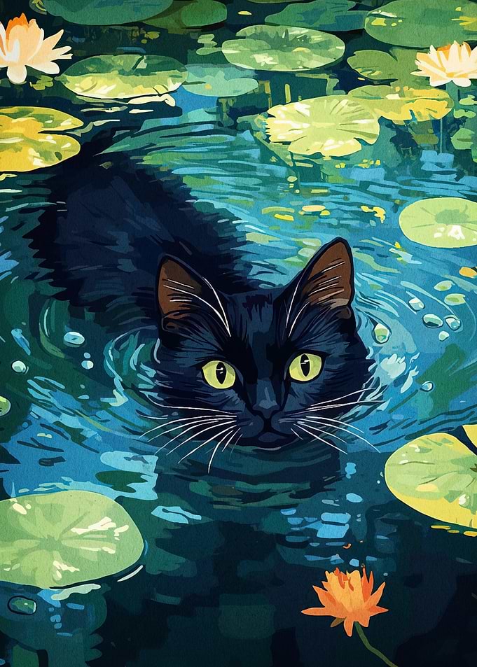 Cat Swimming Lily Pond
