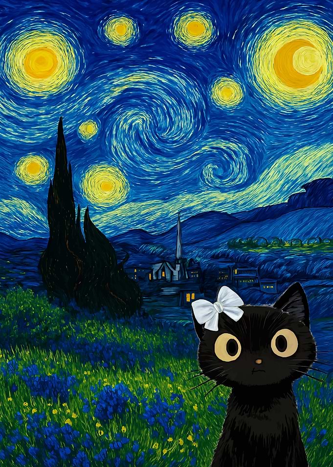 Starry Night Cat with Bow