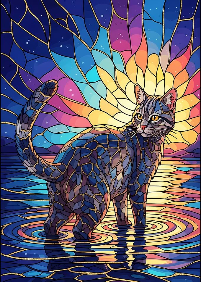 Stained Glass Cat in Water