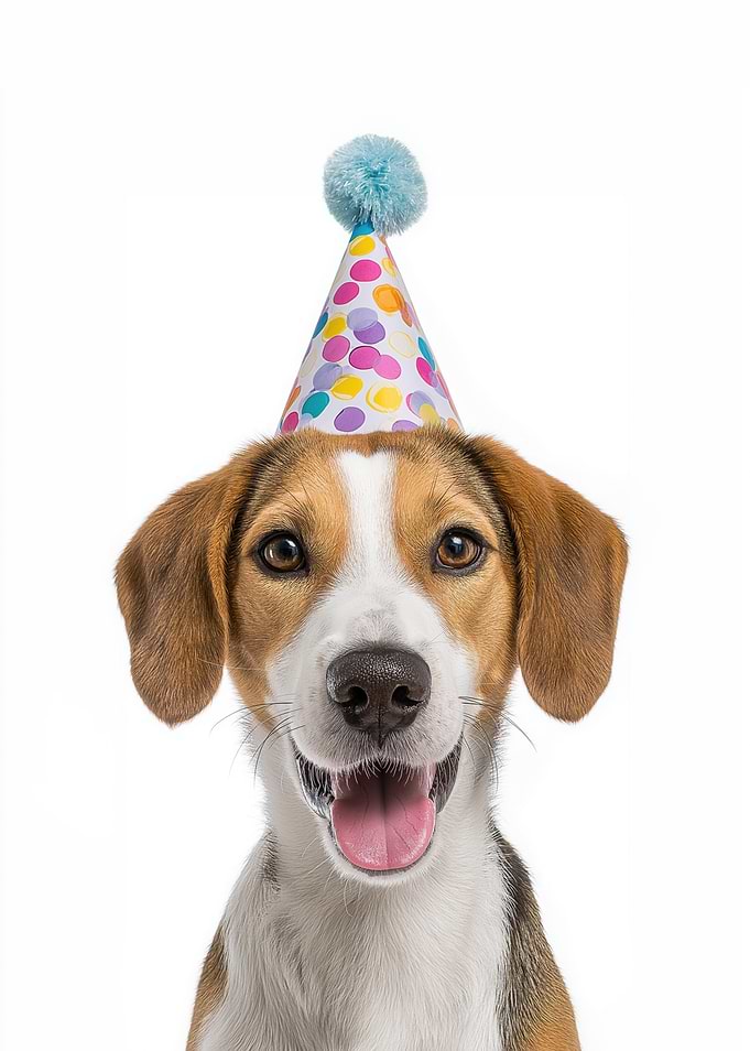 English Foxhound Dog with Party Hat
