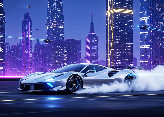 Futuristic Silver Sports Car in Cityscape