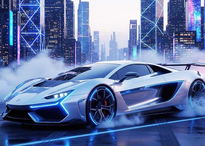 Futuristic Car in Cyberpunk Cityscape