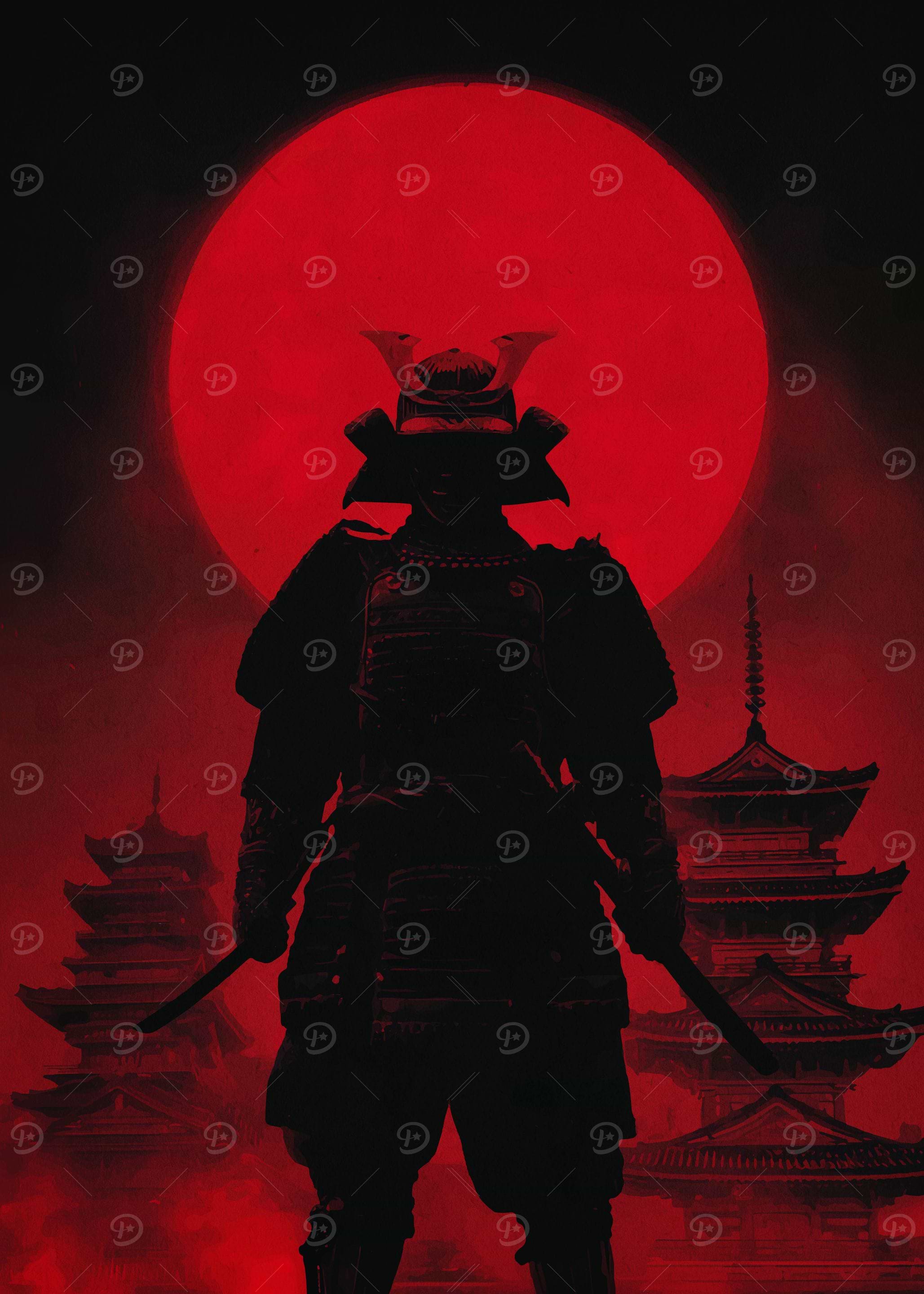 Samurai Silhouette with Red Moon