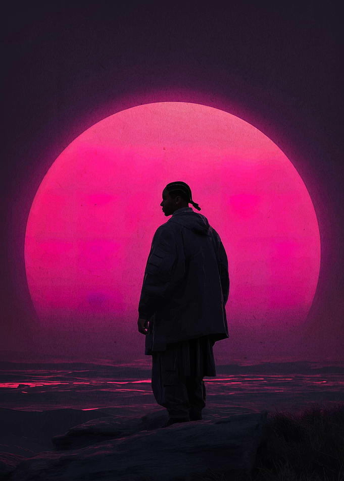Man silhouetted against a pink sun