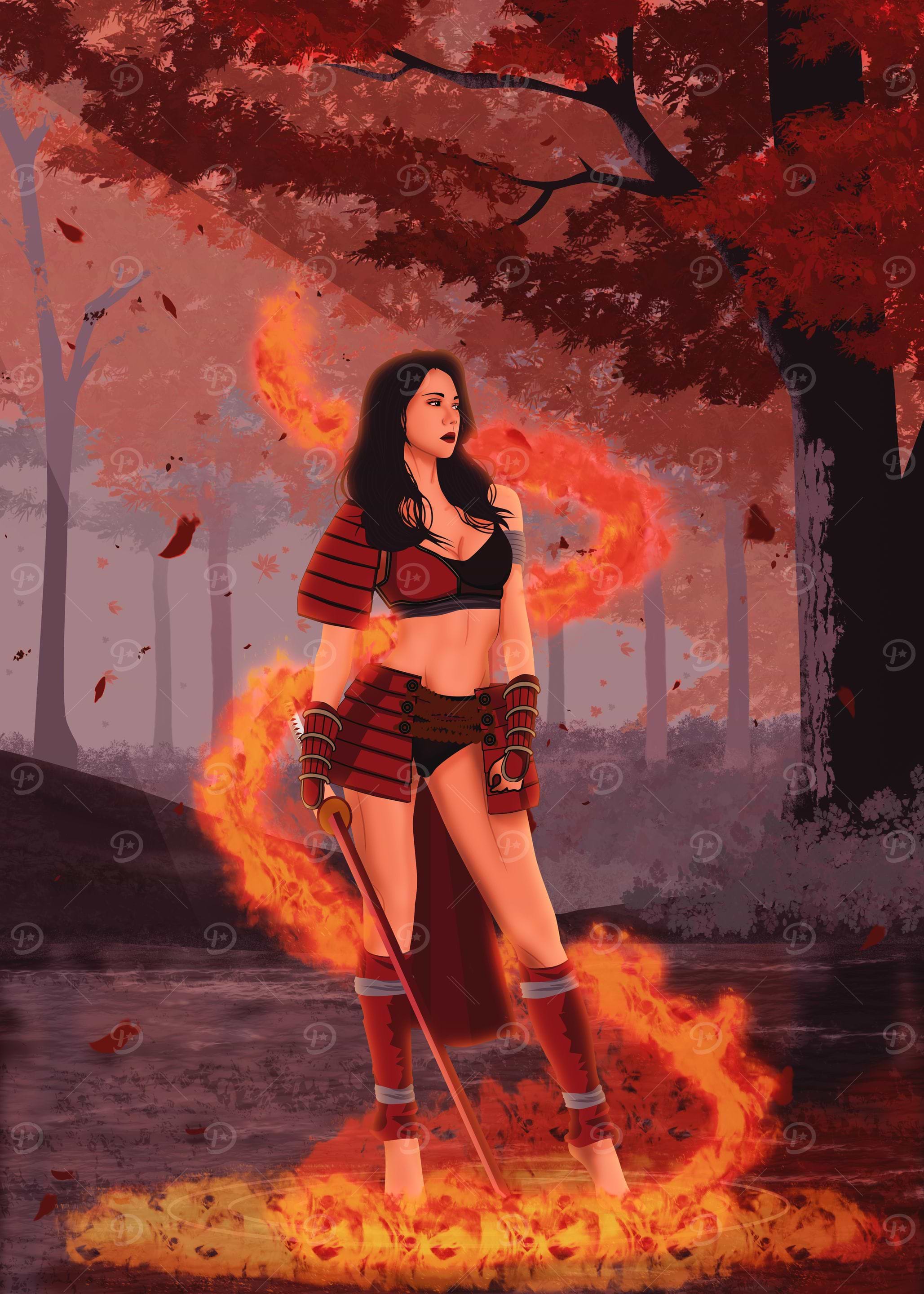 Female demon slayer Samurai with Fire Aura