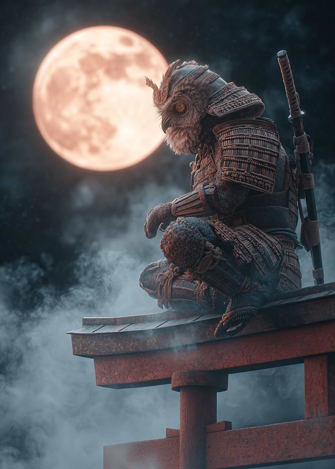 Owl Samurai Under the Moon