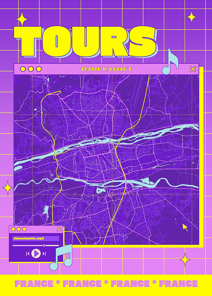 Tours France Map Retro Aesthetic Poster