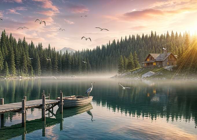 Lake Cabin Serenity at Sunrise