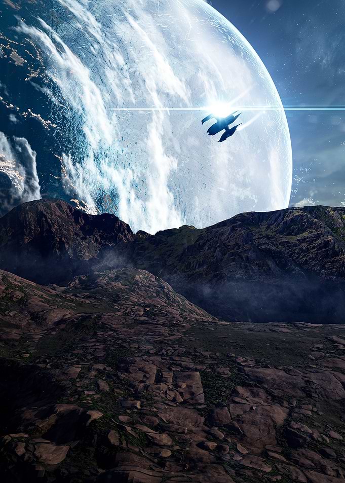 Spaceship over rocky planet with moon