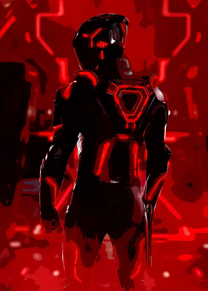 Futuristic Red and Black Armored Figure
