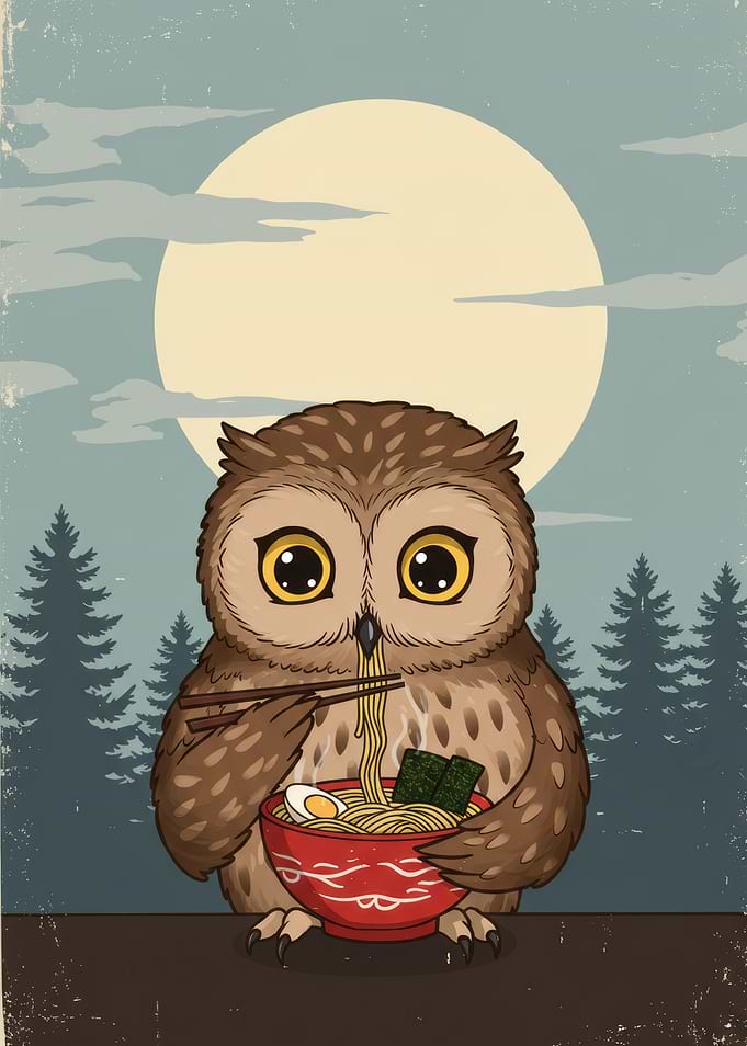 Owl Eating Ramen Under the Moon