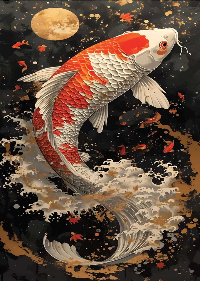 Koi Fish Art with Moon