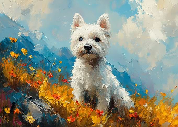 Westie Dog in Floral Mountain Landscape | Bold Little Dog Art