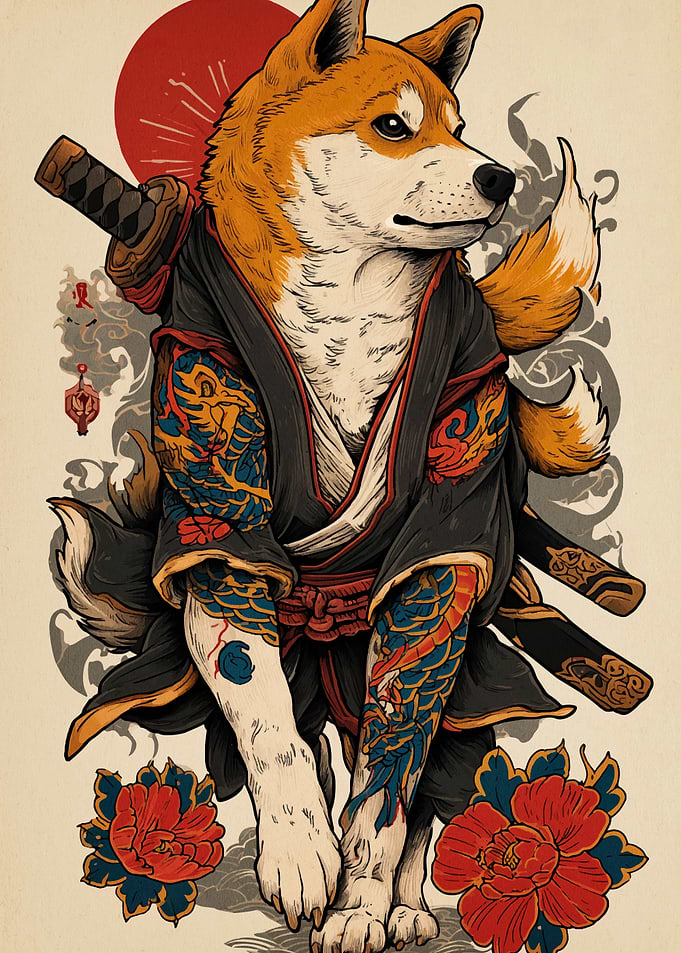 Samurai Shiba Inu with Tattoos
