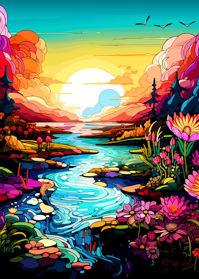 Colorful River Landscape at Sunset