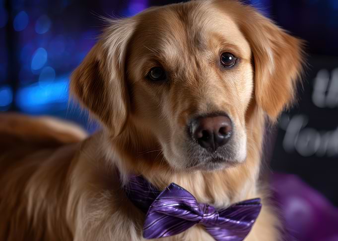 Golden Retriever with Purple Bow Tie